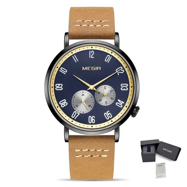 MEGIR Fashion Casual Men Watches Luxury Leather Quartz Sport Wristwatch Waterproof Luminous Clock Large Dial Relogio Masculino 1083-19