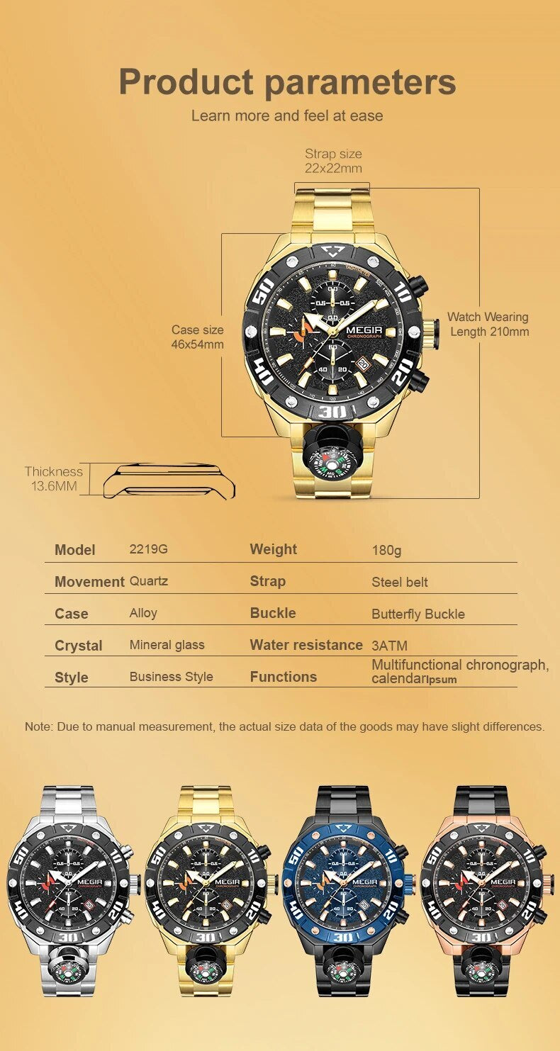 MEGIR Watch Top Brand Luxury Business Quartz Watches Chronograph Stainless Steel Calendar Luminous Clock WristWatch Montre Homme