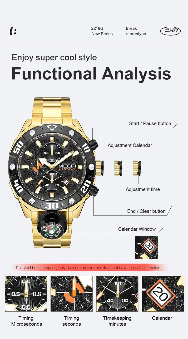 MEGIR Watch Top Brand Luxury Business Quartz Watches Chronograph Stainless Steel Calendar Luminous Clock WristWatch Montre Homme