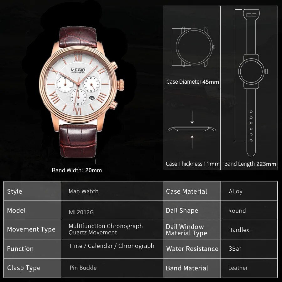 MEGIR Brown Retro Sports Quartz Men's Watches Large Dial Chronograph Clock Fashion Multifunctional Men Wrist Watch Montre Homme-4