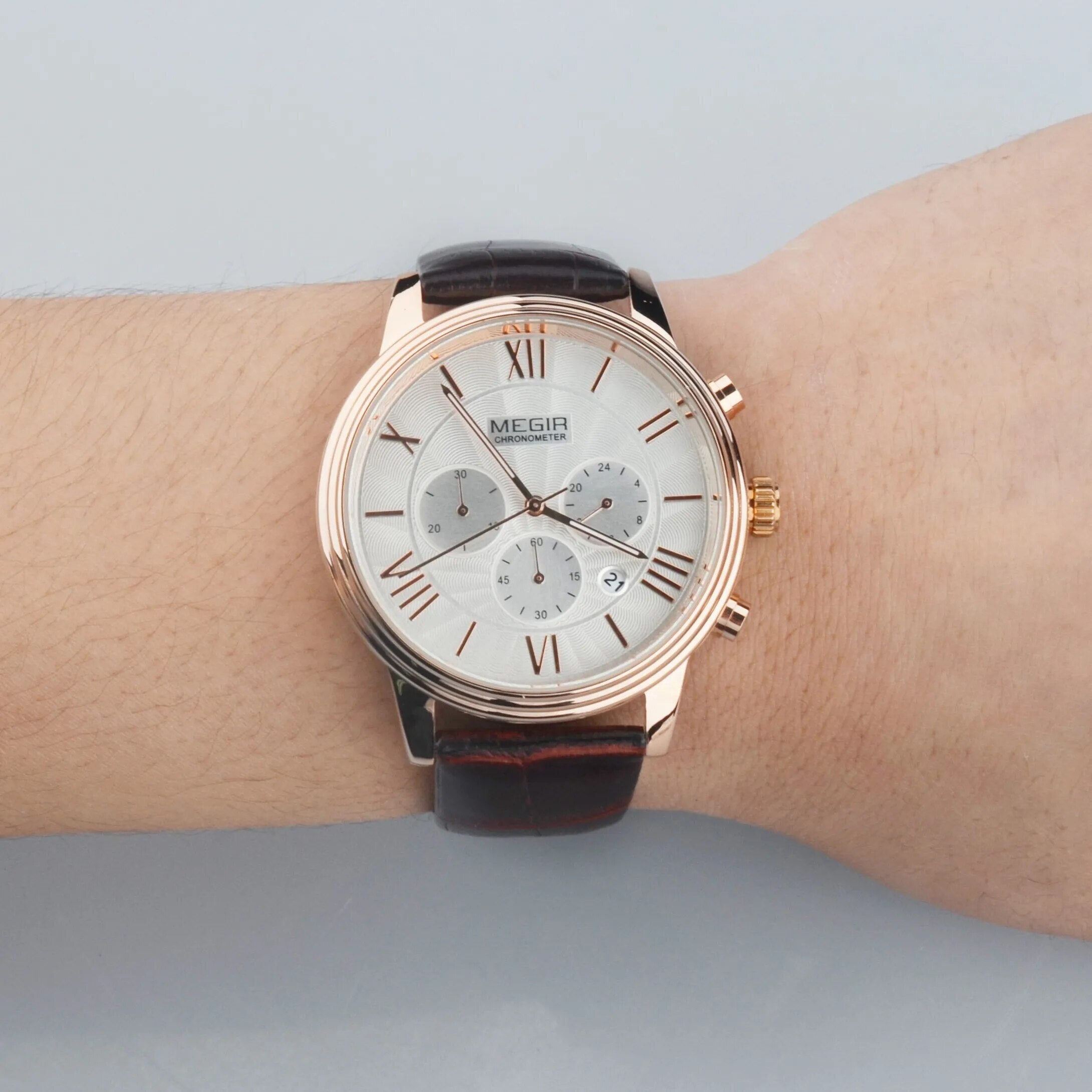 MEGIR Brown Retro Sports Quartz Men's Watches Large Dial Chronograph Clock Fashion Multifunctional Men Wrist Watch Montre Homme-6