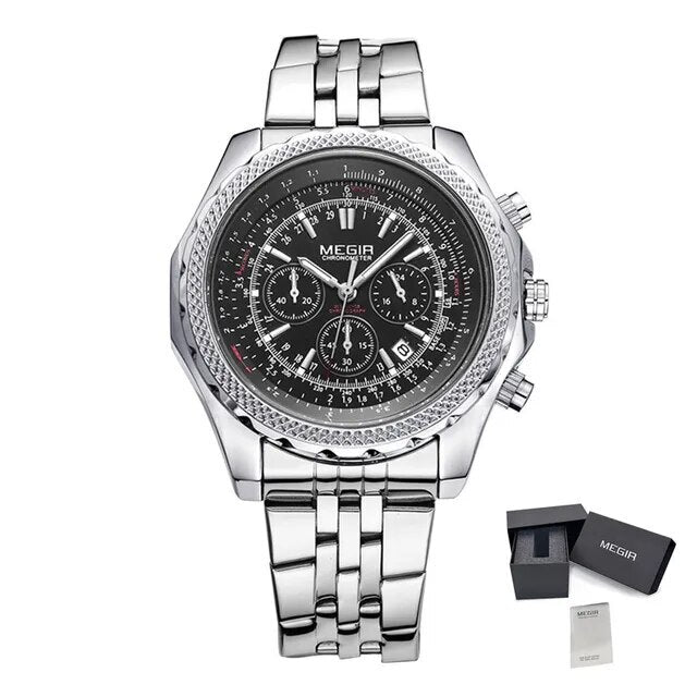 MEGIR Fashion Business Men's Watch Stainless Steel Quartz Wristwatch Calendar Big Dial Man Military Sports Chronograph Clock