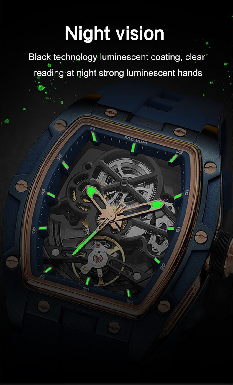 MEGIR Original Fashion Men Watches Automatic Mechanical Watch Steel Case Sport Skeleton Dial Wristwatch Waterproof Clock Reloj Hombre 2242-11