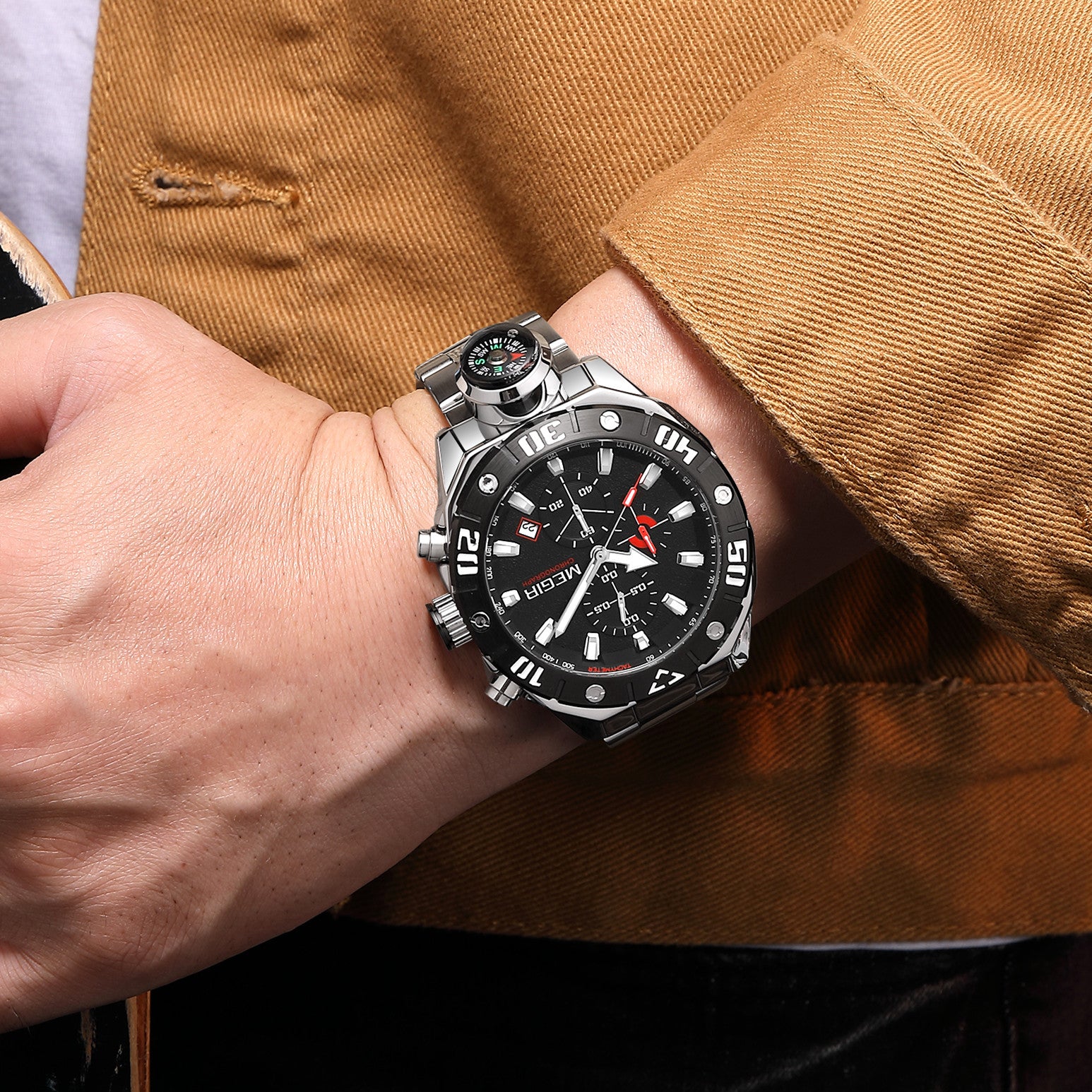 MEGIR Watch Top Brand Luxury Business Quartz Watches Chronograph Stainless Steel Calendar Luminous Clock WristWatch Montre Homme