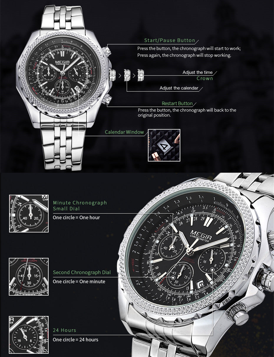 MEGIR Fashion Business Men's Watch Stainless Steel Quartz Wristwatch Calendar Big Dial Man Military Sports Chronograph Clock