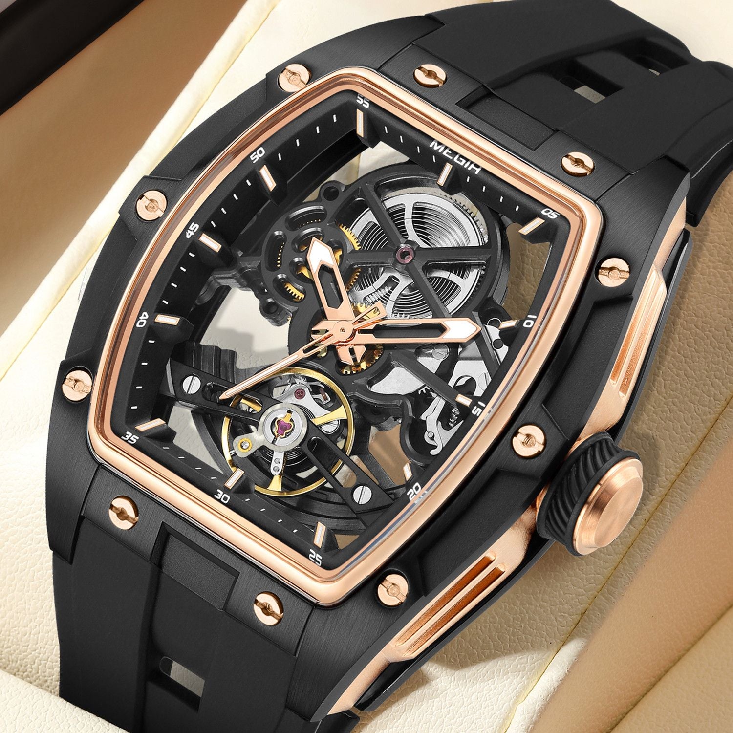 MEGIR Original Fashion Men Watches Automatic Mechanical Watch Steel Case Sport Skeleton Dial Wristwatch Waterproof Clock Reloj Hombre 2242-2