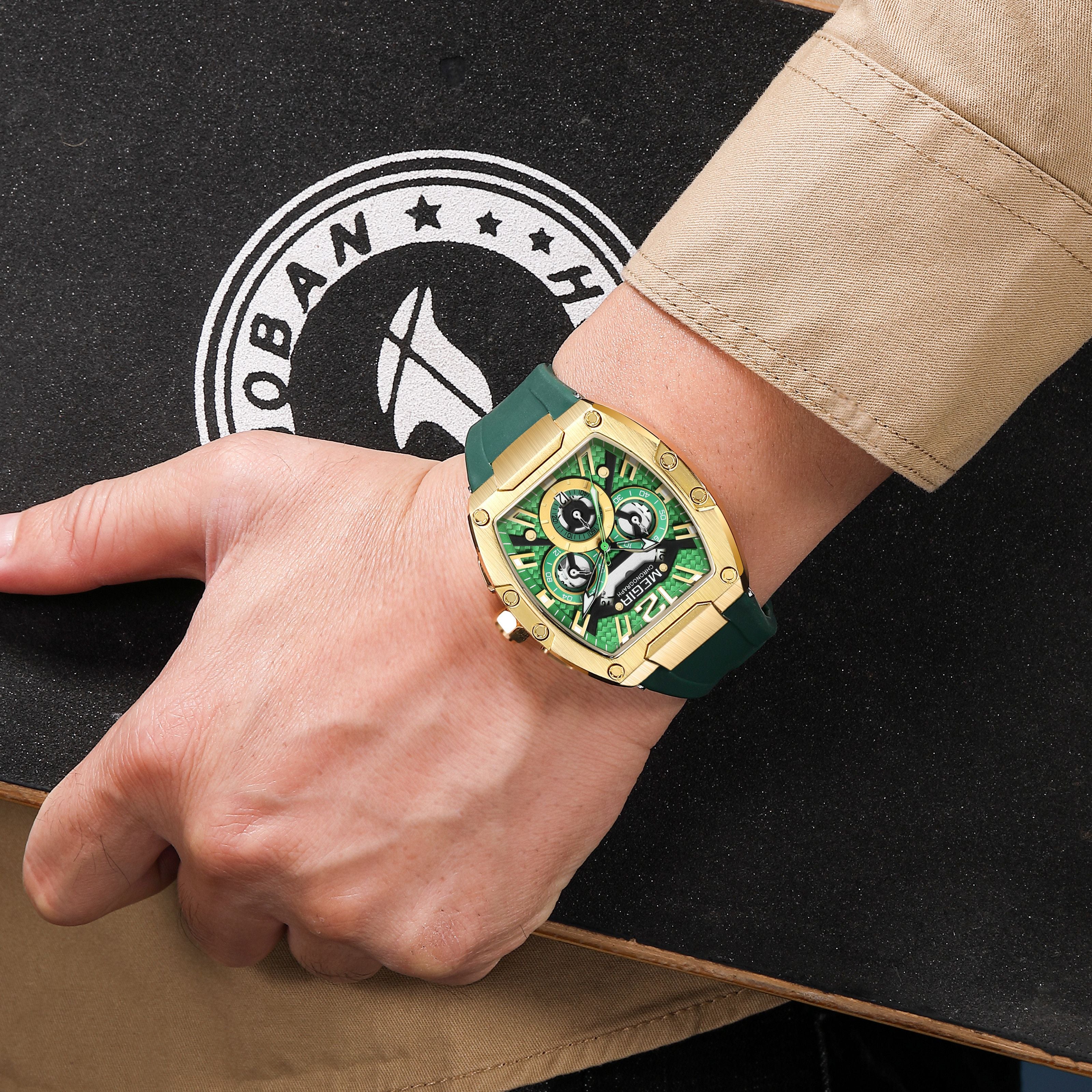 MEGIR Chronograph Luxury Sport Quartz Watch Men Waterproof Luminous Silicone Casual Big Dial Wristwatch Auto Date Reloj Hombre 8112-1