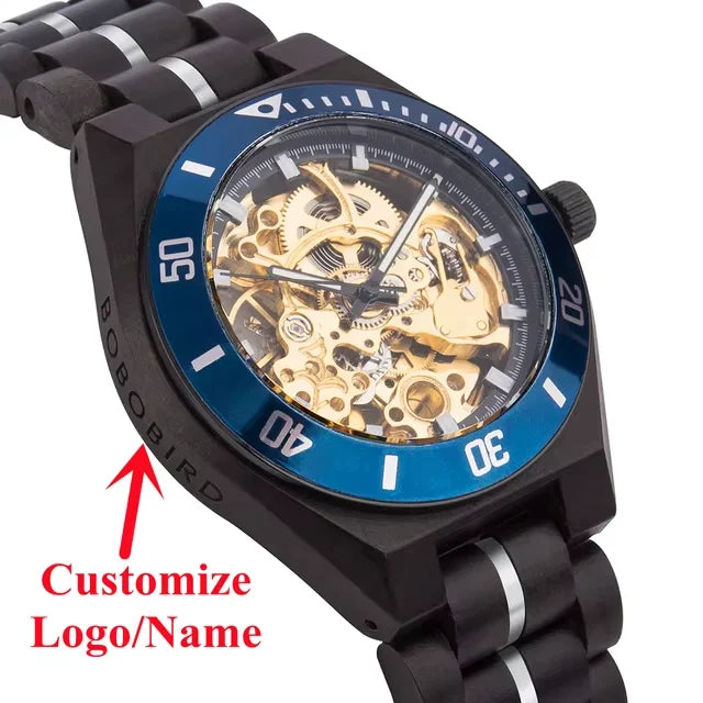 Montre-bracelet automatique mécanique en bois pour hommes, BOBO BIRD Top, horloge mains lumineuses, boîte cadeau personnalisée